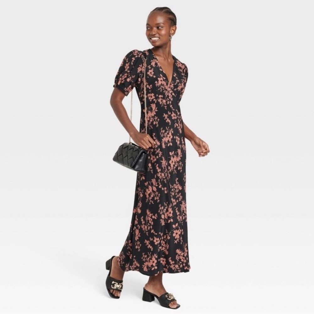 Women's Crepe Puff Short Sleeve Midi Dress - A New Day TM Black/Brown Floral